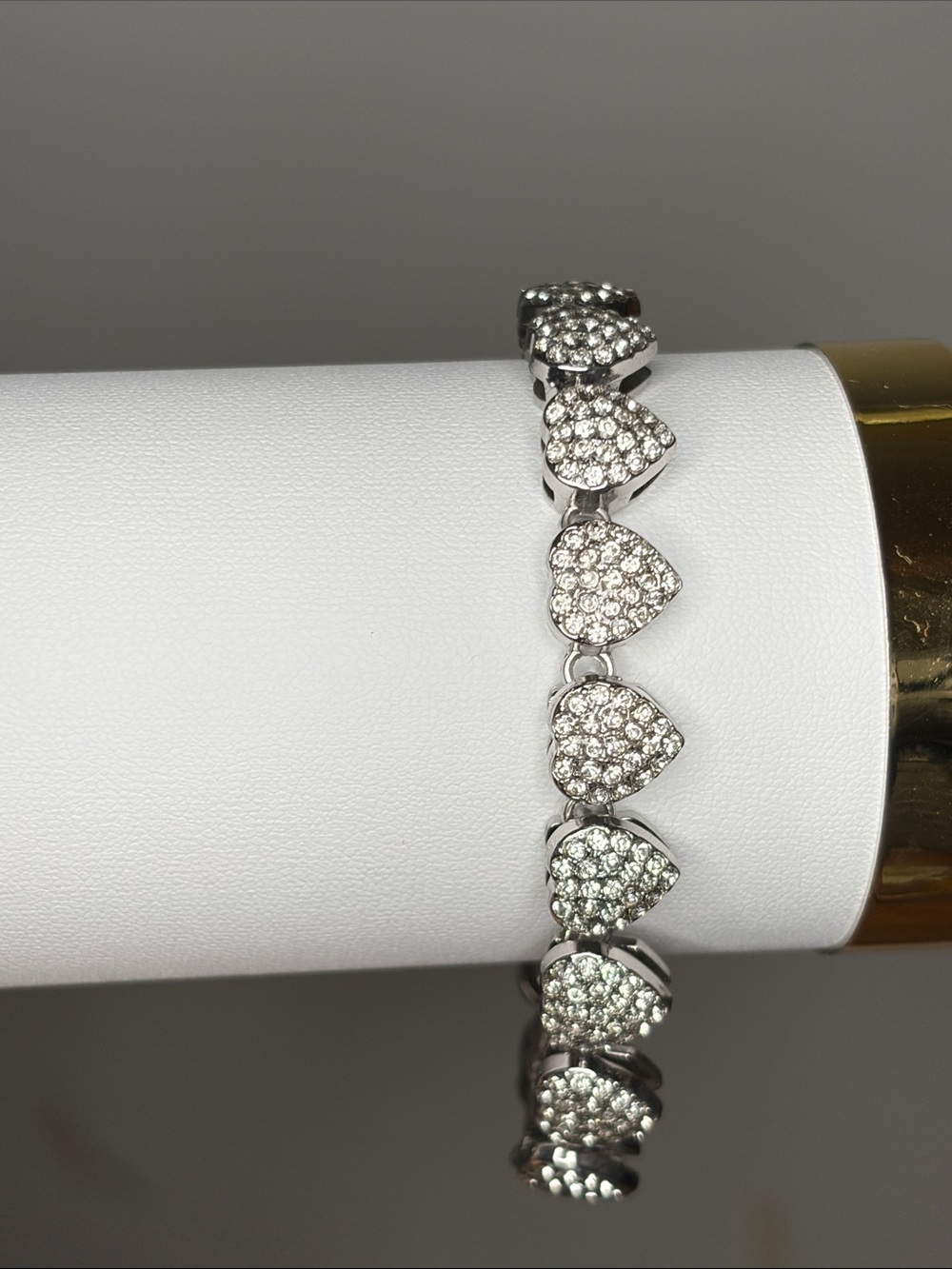 Silver-Tone Crystal Pave Heart Link Bracelet - Elegant Women's Jewelry 7 1/2 in